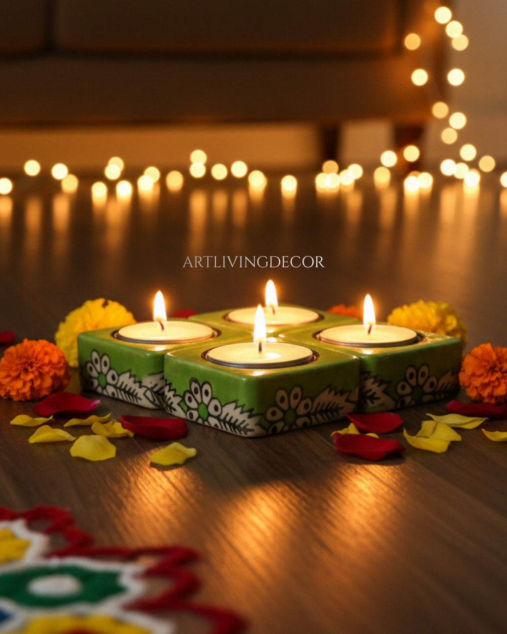 Handpainted Ceramic Square Tea Light Holder Set of 8