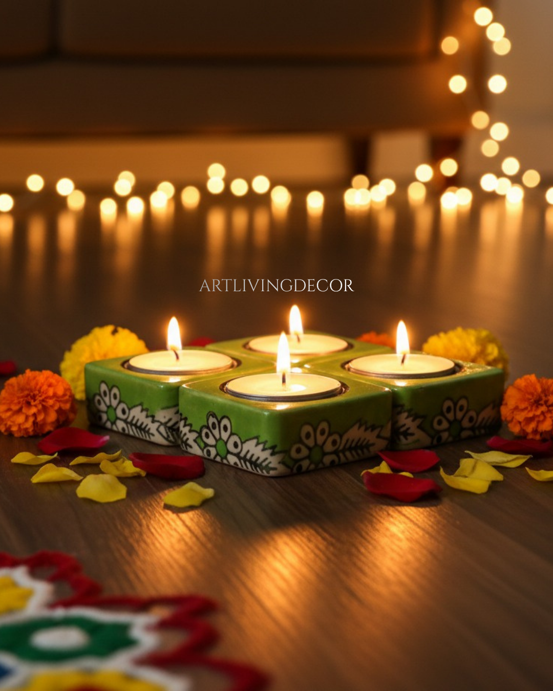 Handpainted Ceramic Square Tea Light Holder Set of 8
