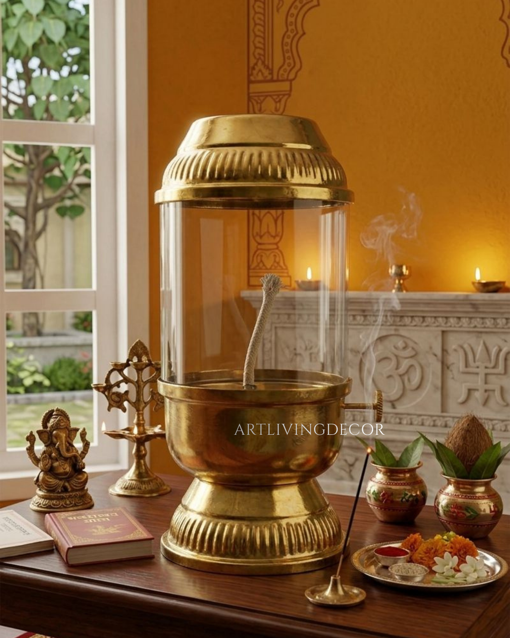Brass Akhand Jyot Lamp with Glass Chimney: Long Burning for Pooja