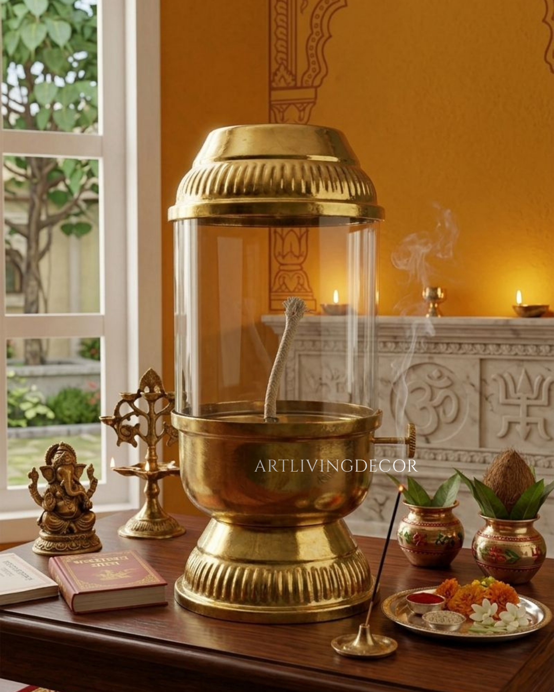 Brass Akhand Jyot Lamp with Glass Chimney: Long Burning for Pooja