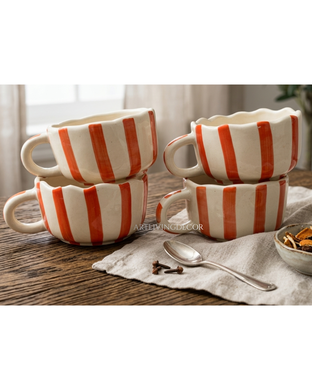 Scalloped Ceramic Soup Mug Set of 4