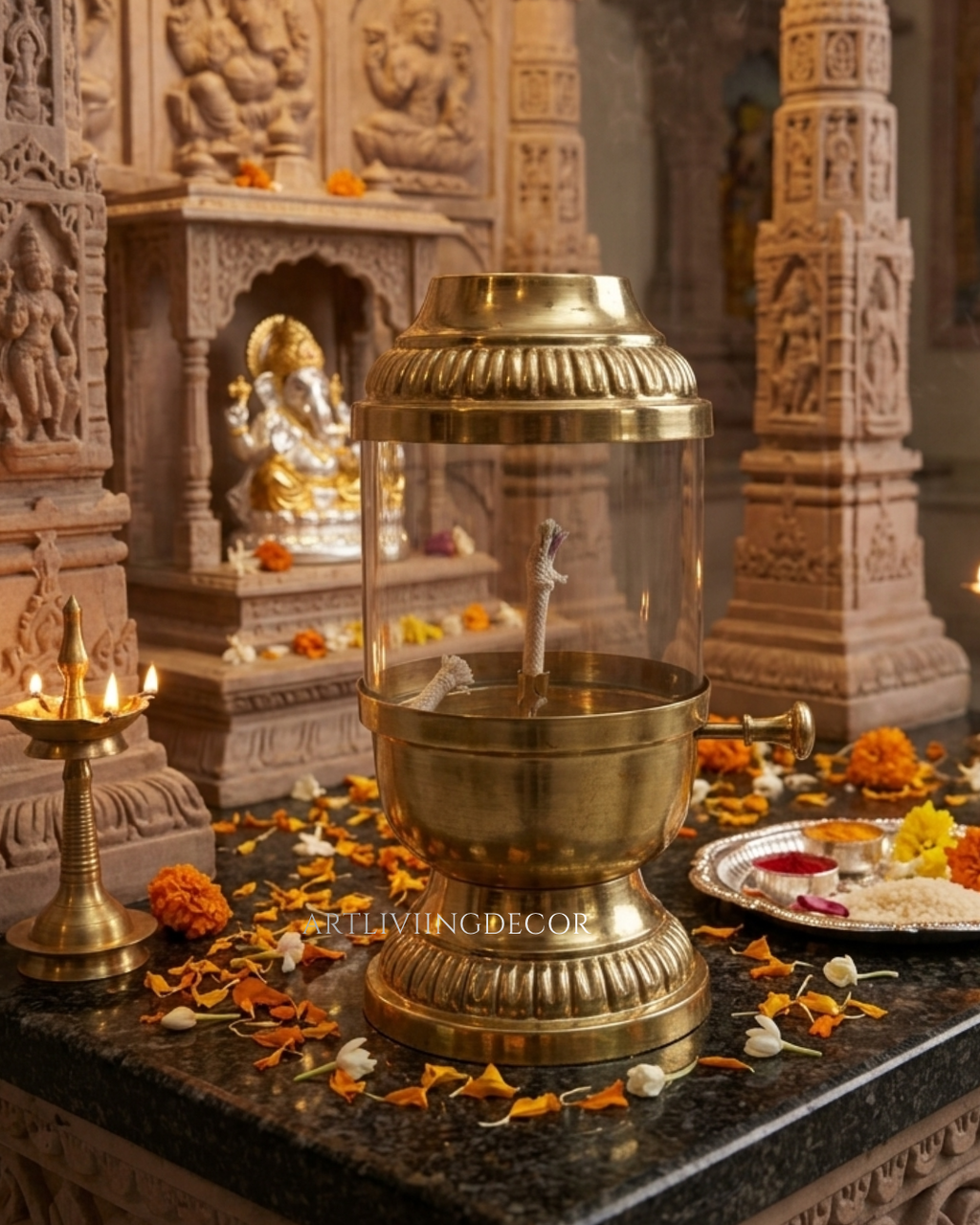 Brass Akhand Jyot Lamp with Glass Chimney: Long Burning for Pooja