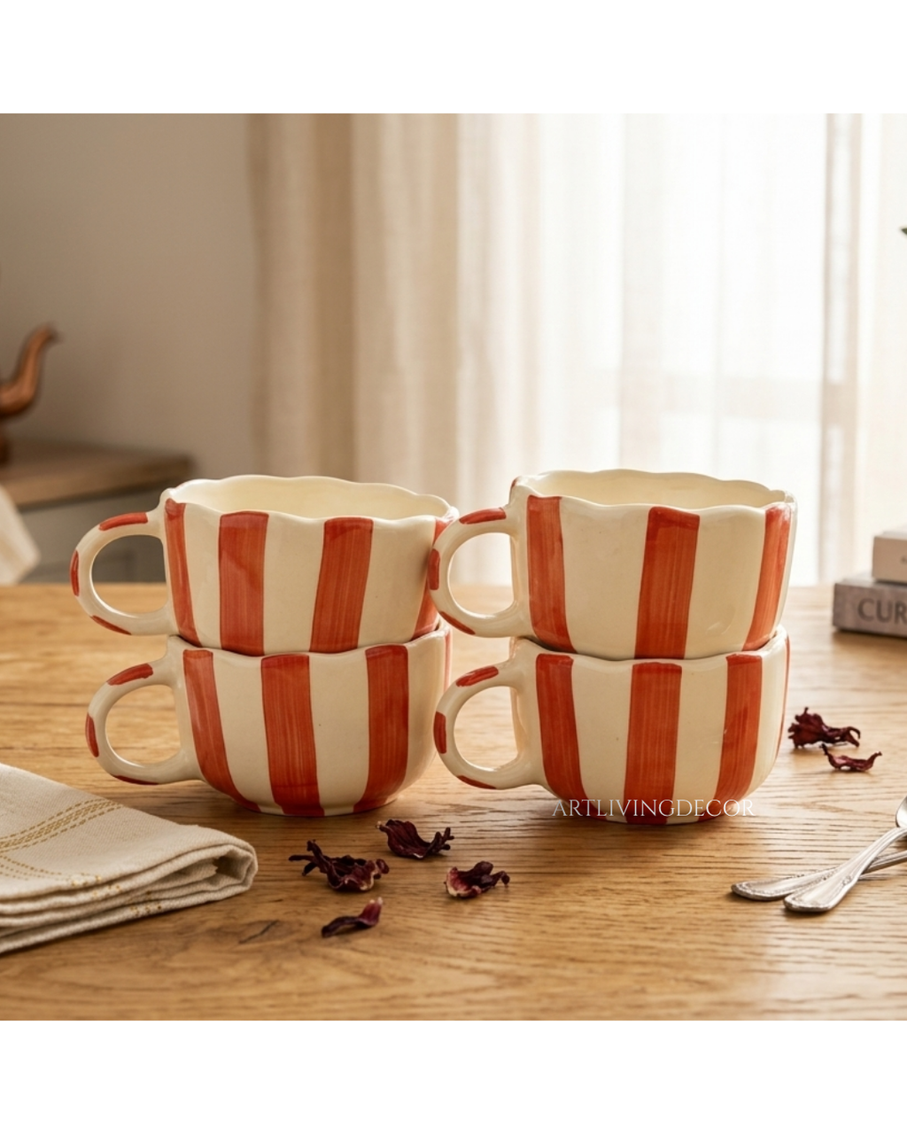 Scalloped Ceramic Soup Mug Set of 4