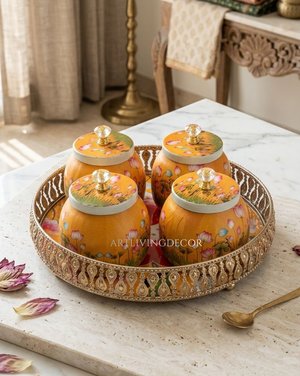 Premium German Silver Decorative Tray with Metal 4pcs Jar Set