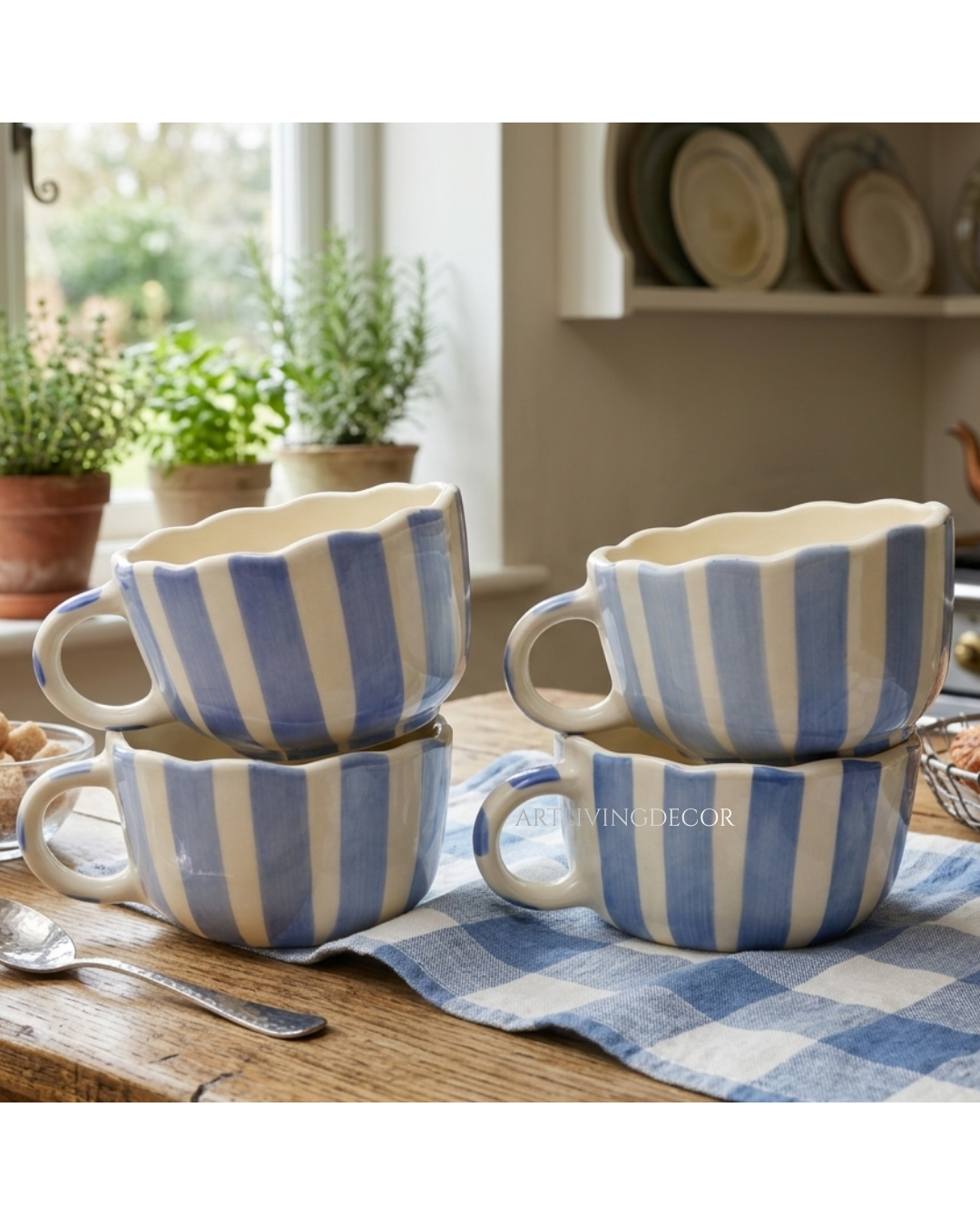 Scalloped Ceramic Soup Mug Set of 4