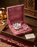 Artisanal Puja Set: Metal Diya With Aluminum Bell with Pink Resin Accents