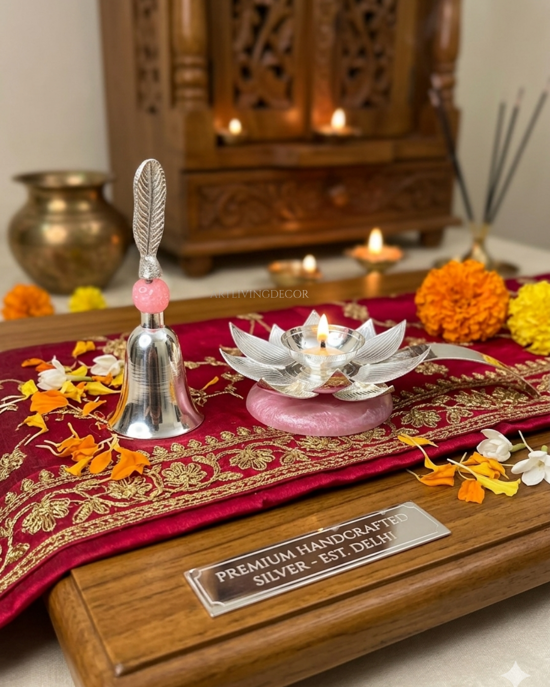 Artisanal Puja Set: Metal Diya With Aluminum Bell with Pink Resin Accents