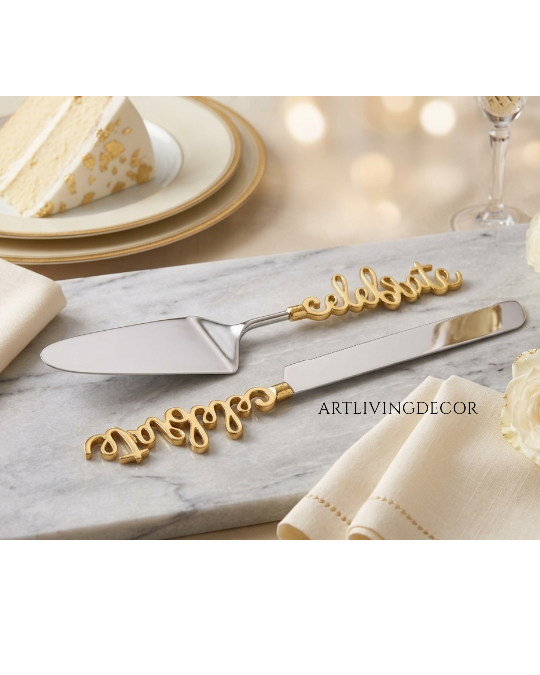 Celebrate Gold Designer Knife & Server Set of 2
