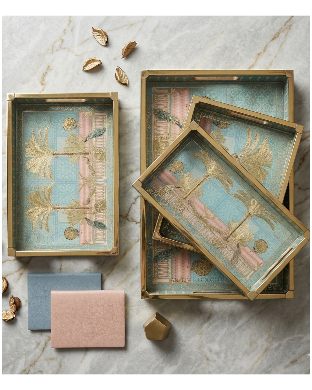 Wooden Serving Enamel Trays Set of 3 with Tree Artwork