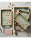 Wooden Serving Enamel Trays Set of 3 with Tree Artwork