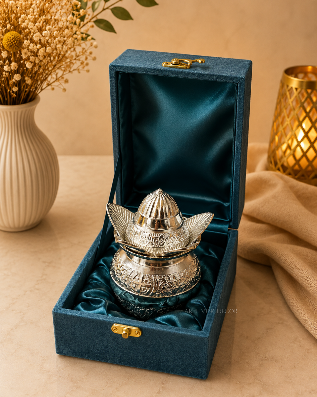 Divya Pooja German Silver Kalash & Coconut set with Velvet Box