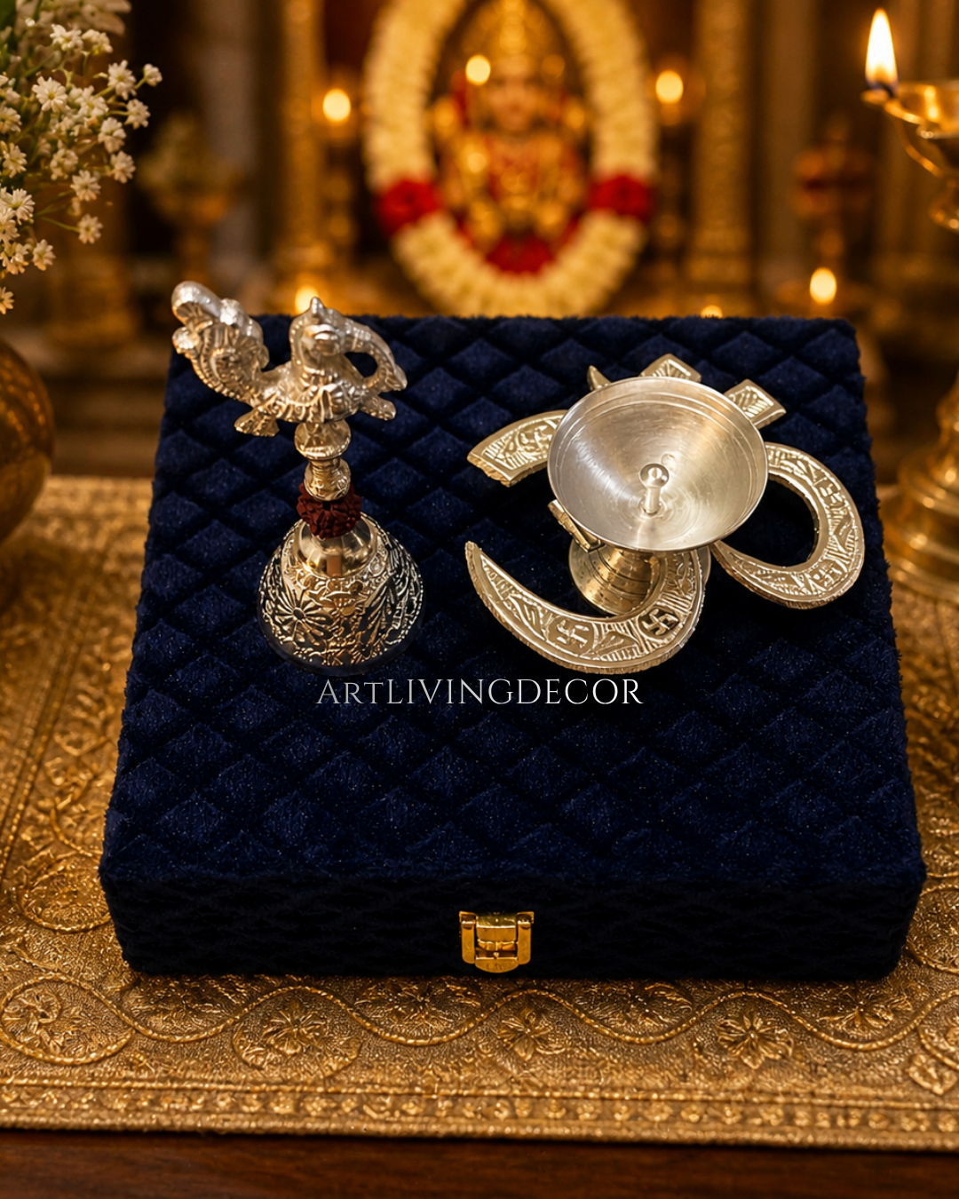 Traditional Om Diya and Bell Set in Silver Finish: Pooja Essentials Combo