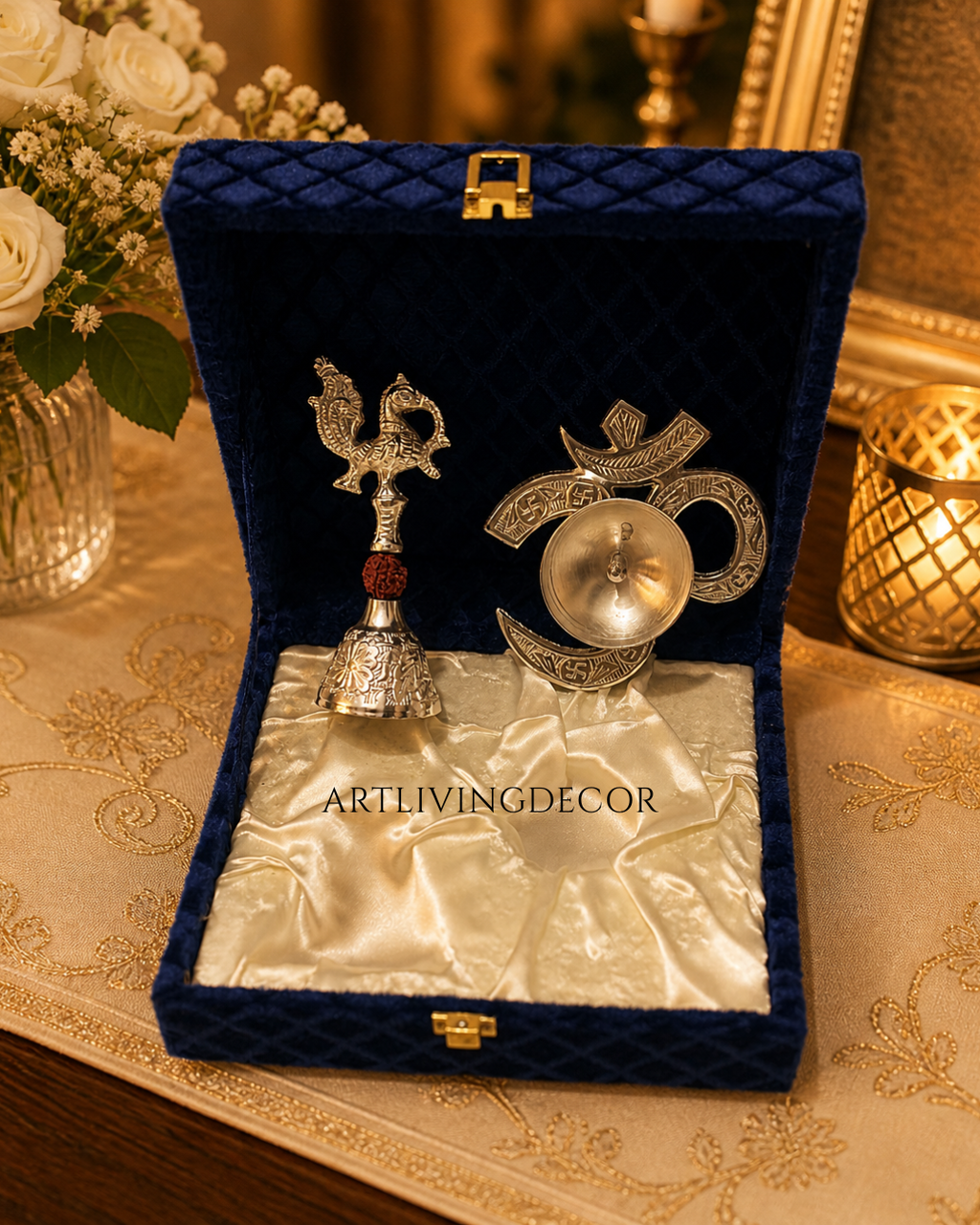 Traditional Om Diya and Bell Set in Silver Finish: Pooja Essentials Combo