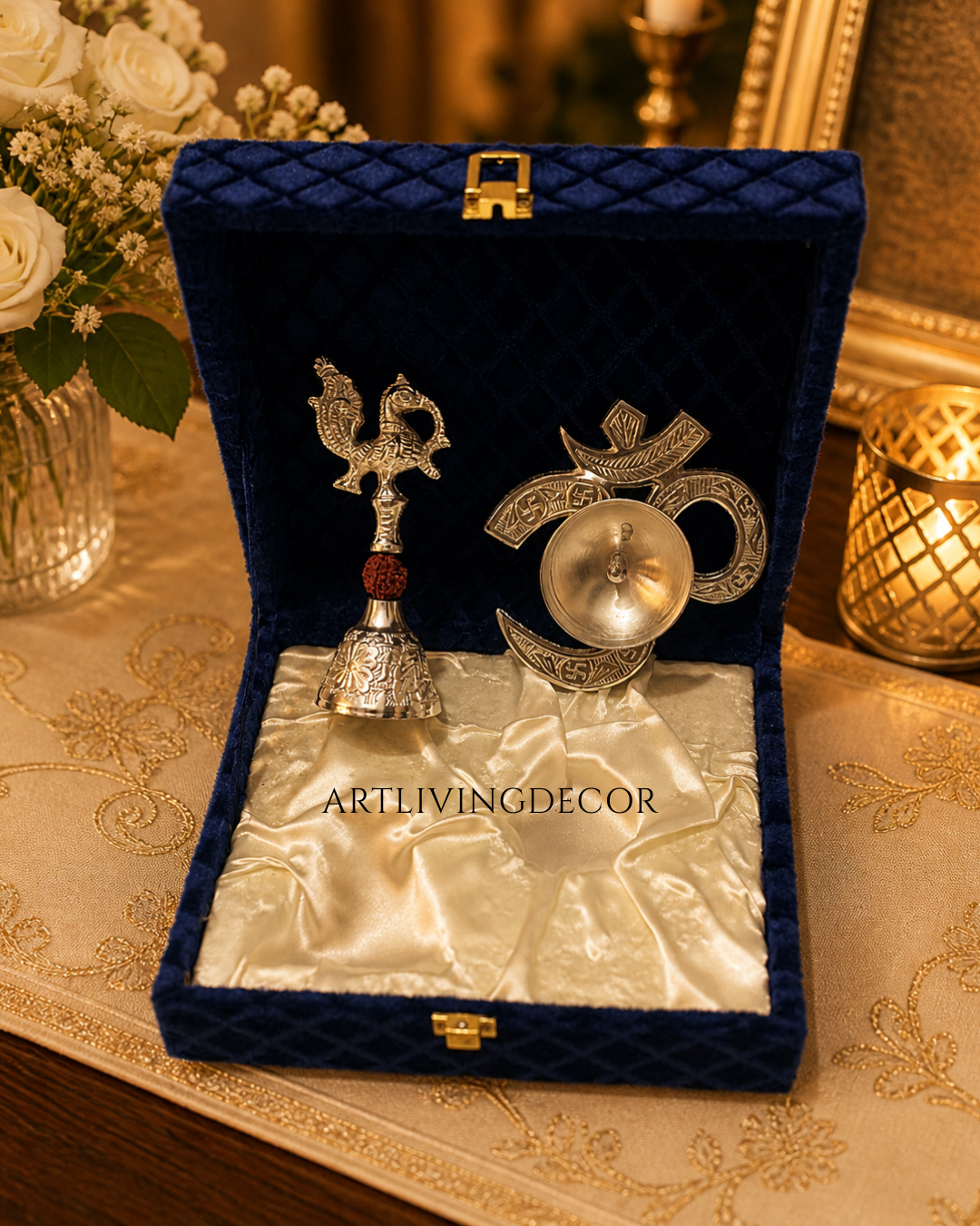 Traditional Om Diya and Bell Set in Silver Finish: Pooja Essentials Combo