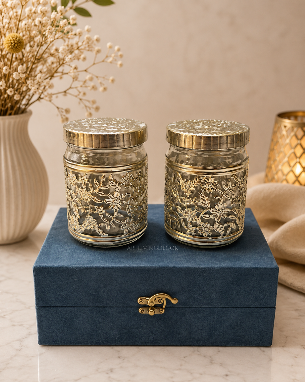Elegant Floral Glass 2Pc Dry Fruit Jar Set with Premium Velvet Gift Box