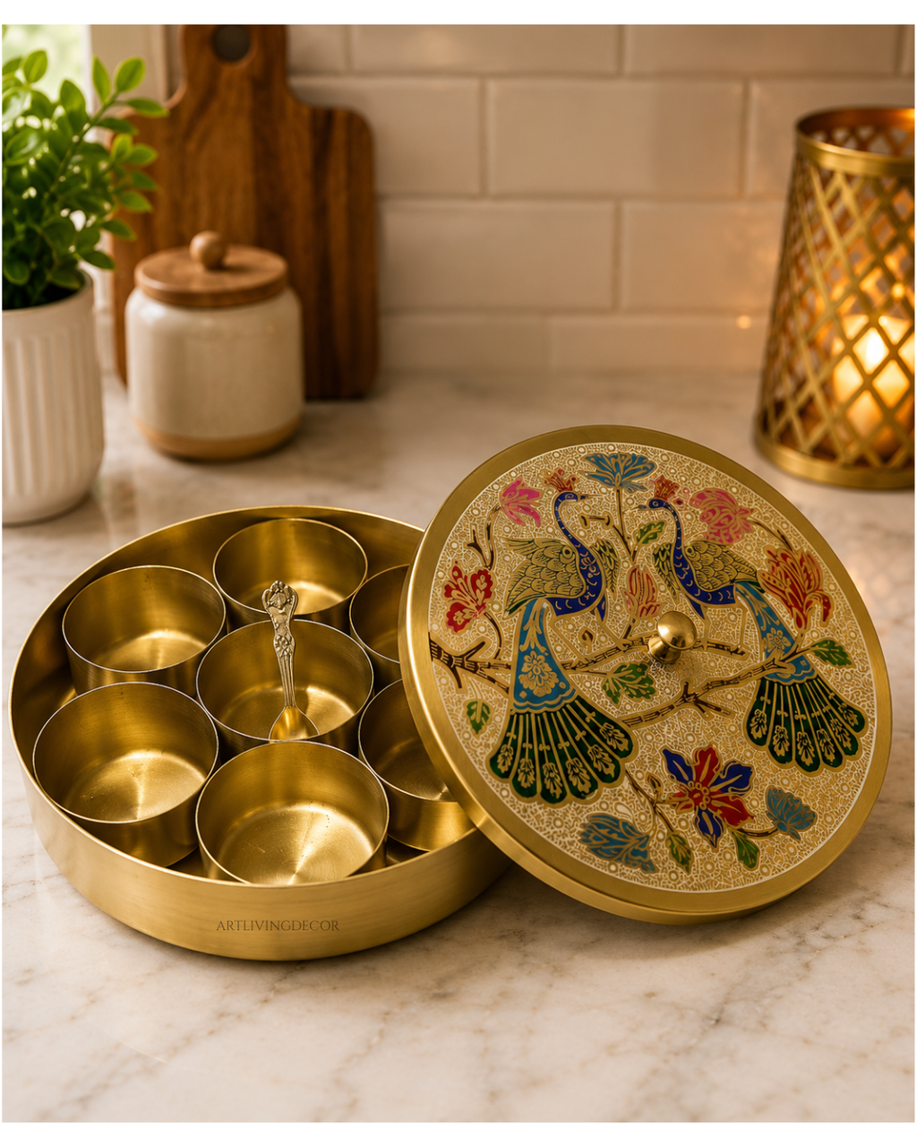 Elegant 8 Inch Peacock Design Pure Brass Masala box