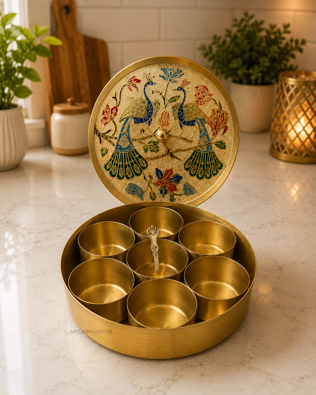 Elegant 8 Inch Peacock Design Pure Brass Masala box