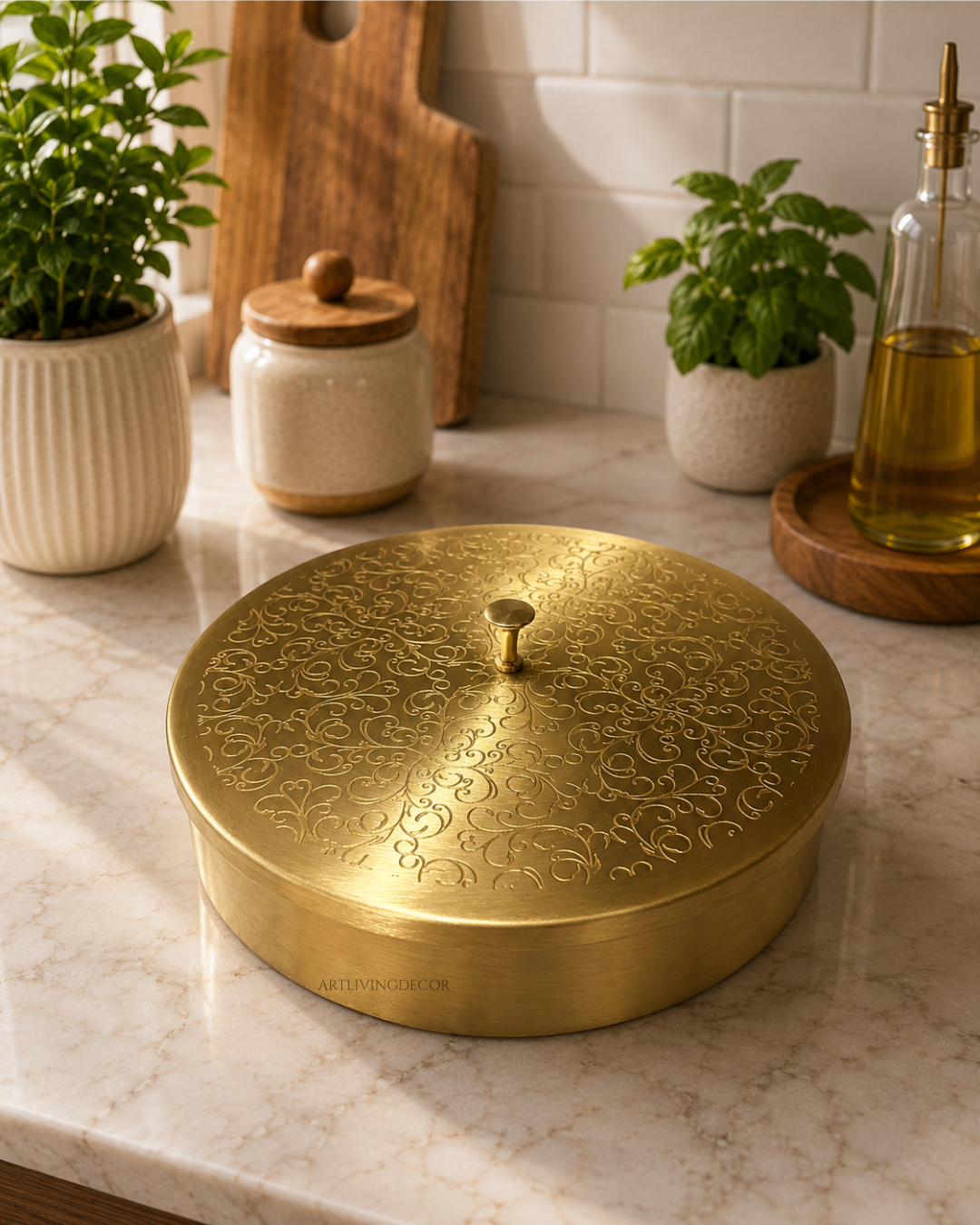 Beautiful 8inch Floral Design Pure Brass Masala Box