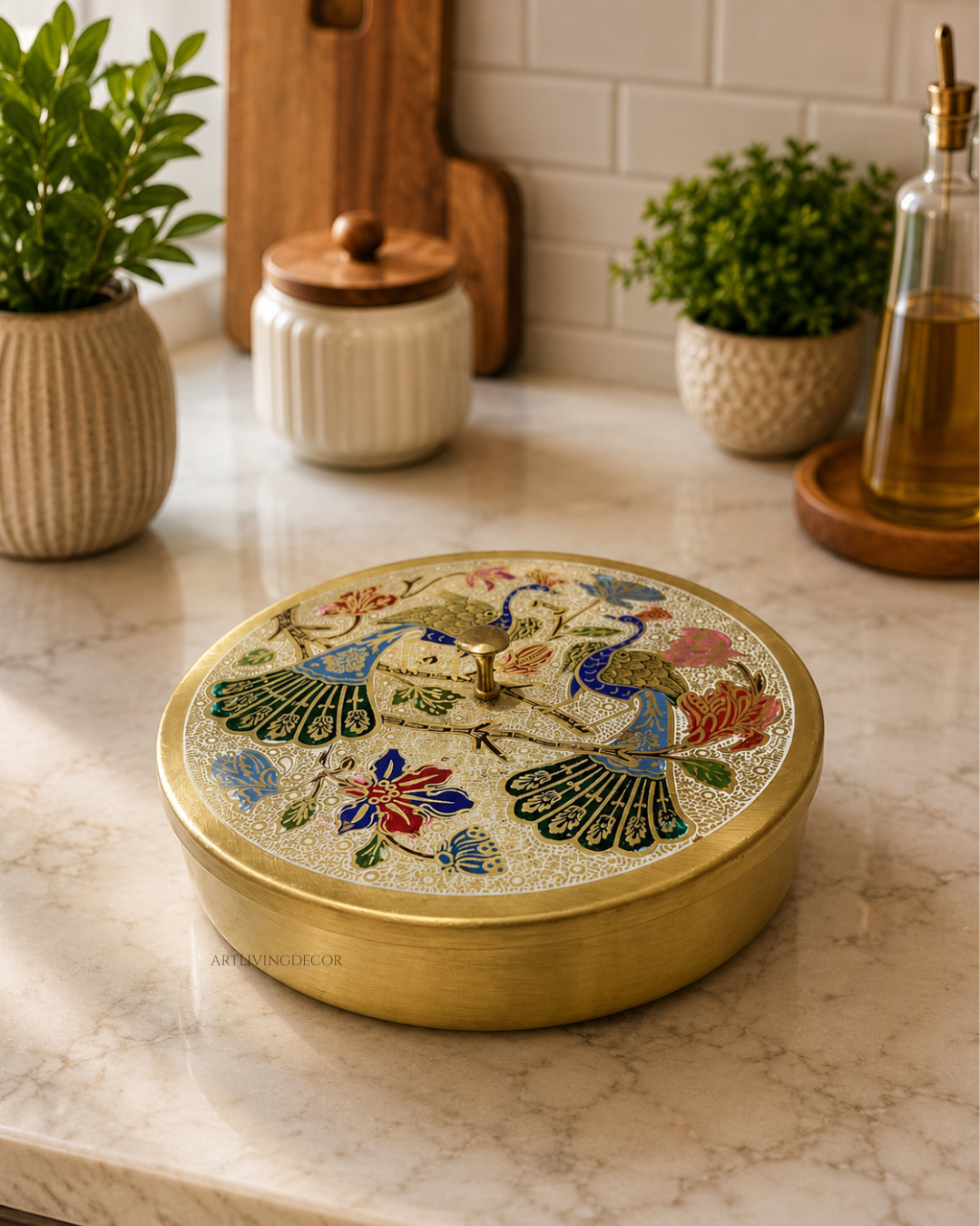 Elegant 8 Inch Peacock Design Pure Brass Masala box