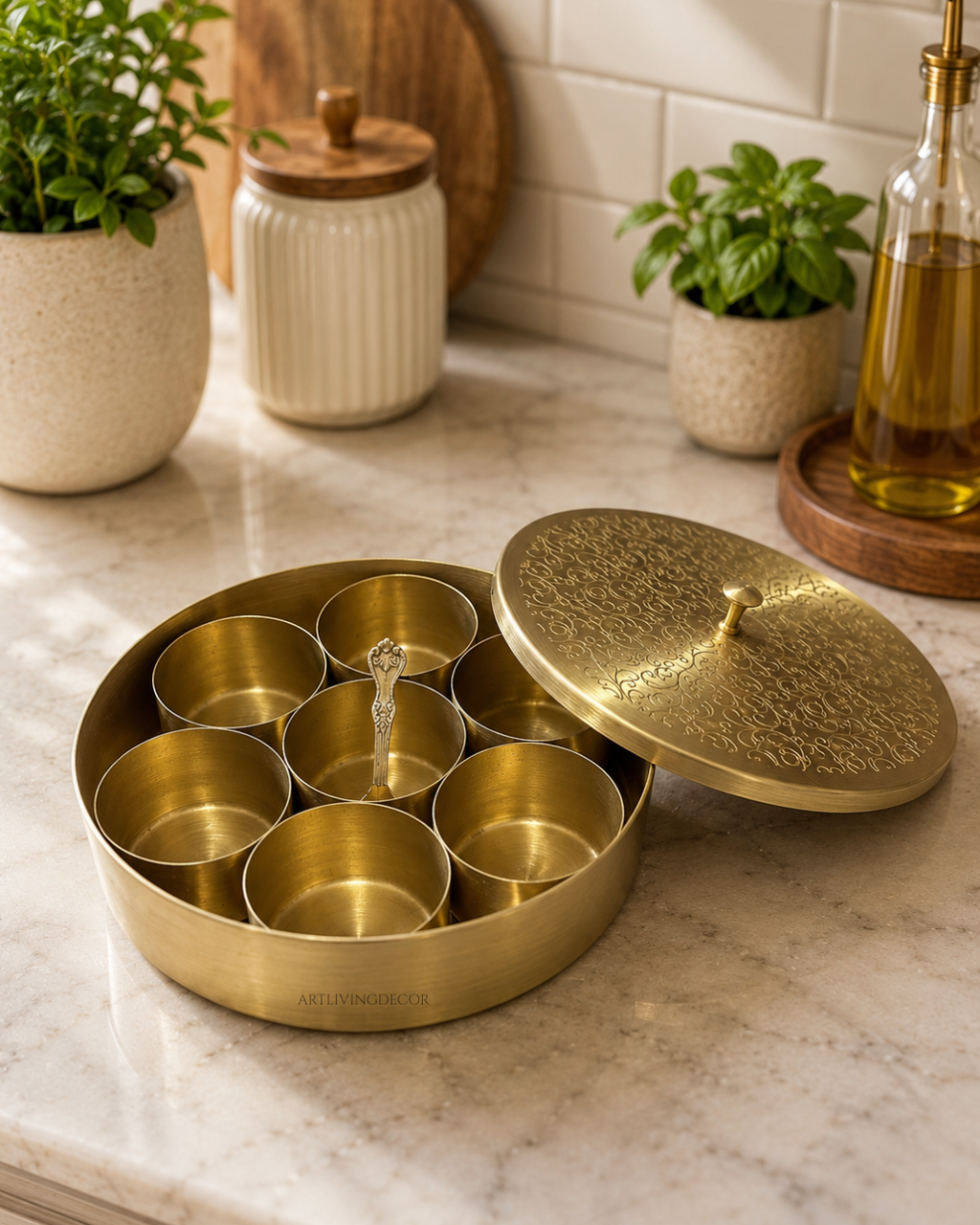 Beautiful 8inch Floral Design Pure Brass Masala Box