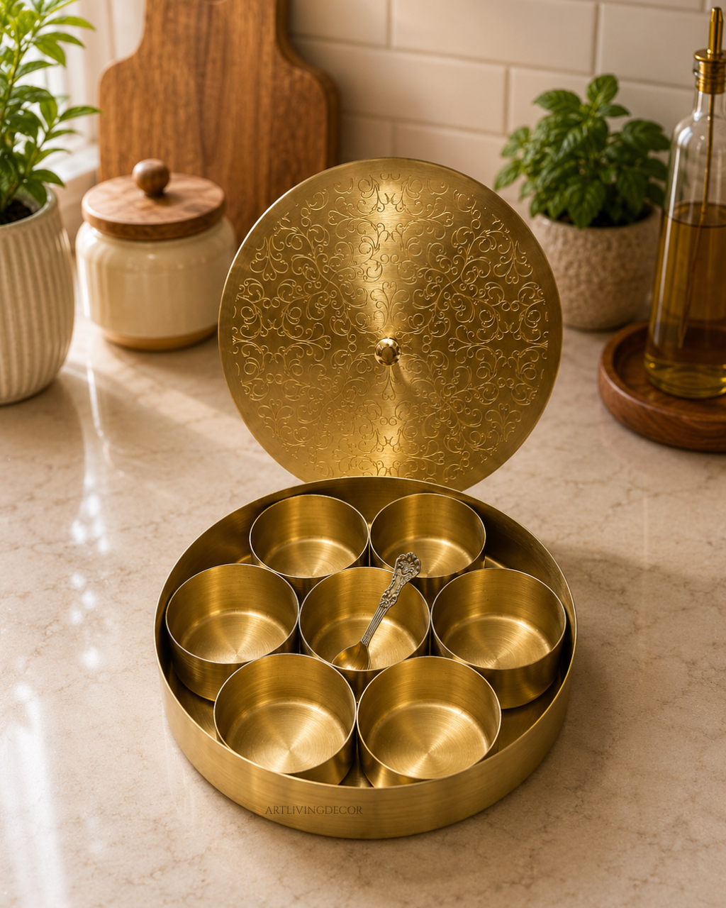 Beautiful 8inch Floral Design Pure Brass Masala Box
