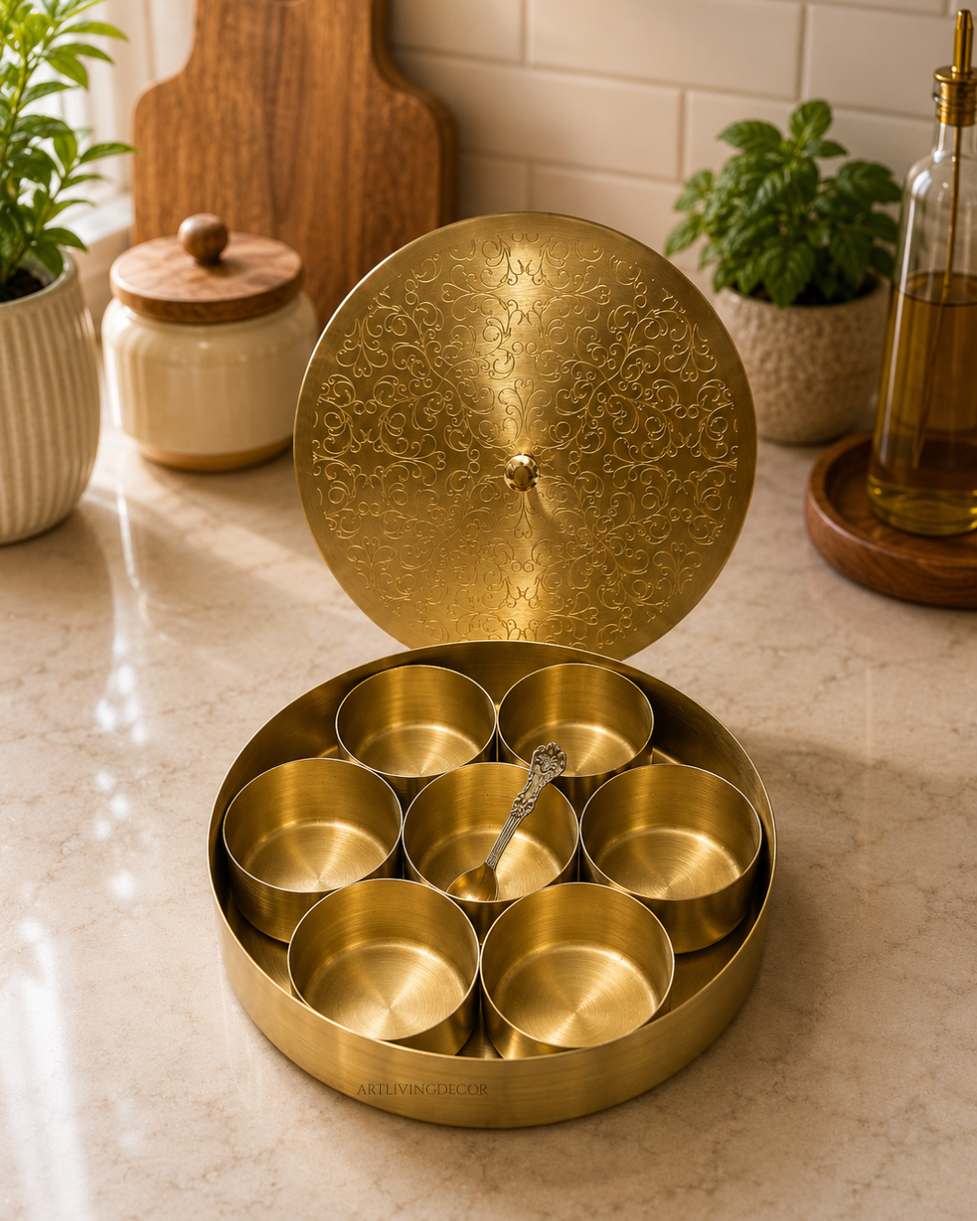 Beautiful 8inch Floral Design Pure Brass Masala Box