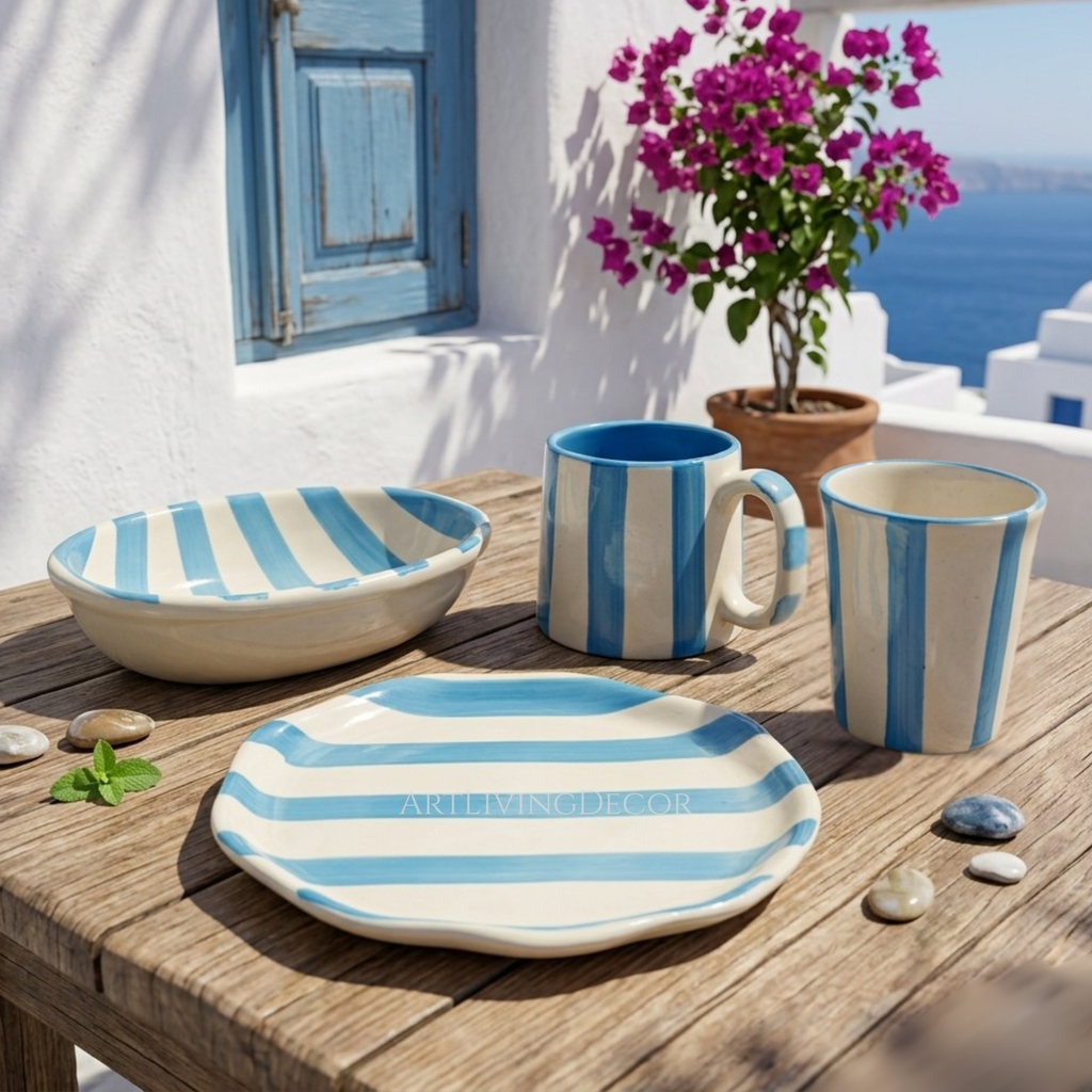Handcrafted Blue Stripe Ceramic Dining 4-Piece Set