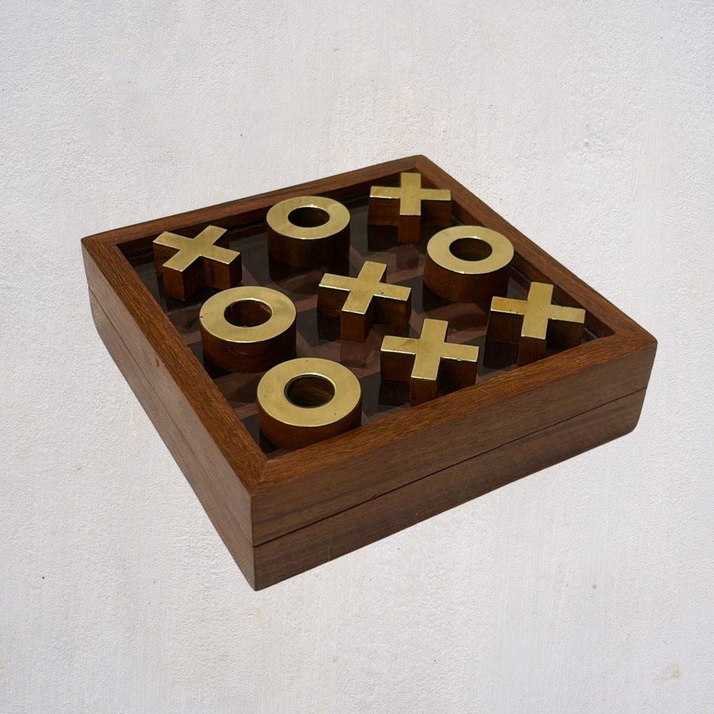 Wooden Tic Tac Toe Game with Mirror Lid Box: Decorative & Travel-Friendly