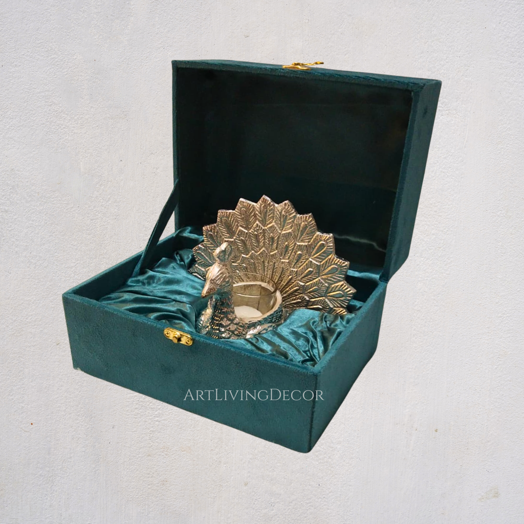 Royal Decorative Peacock With Glass Candle Votive with velvet box