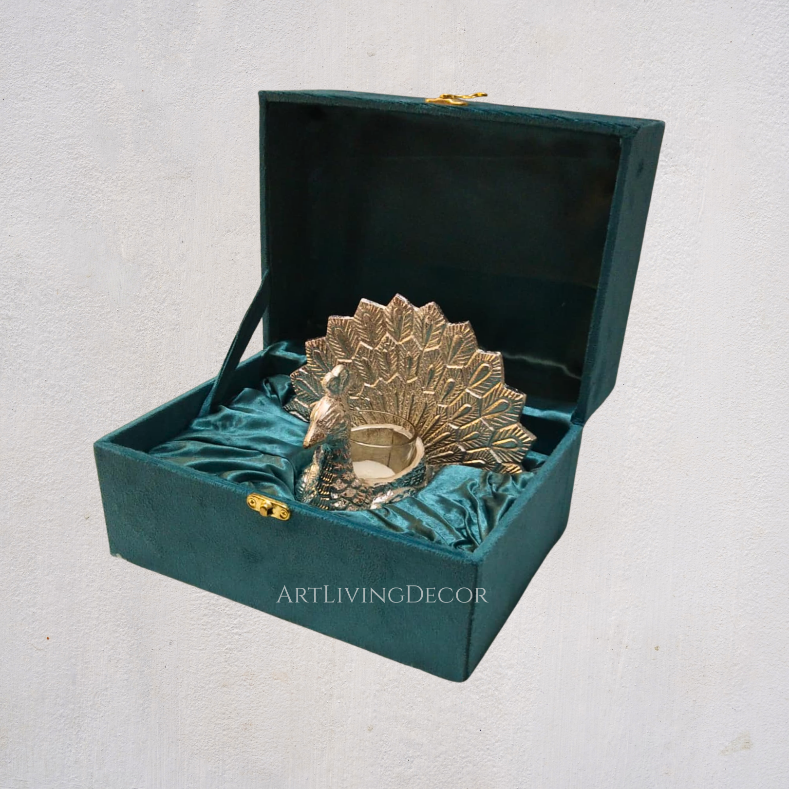 Royal Decorative Peacock With Glass Candle Votive with velvet box