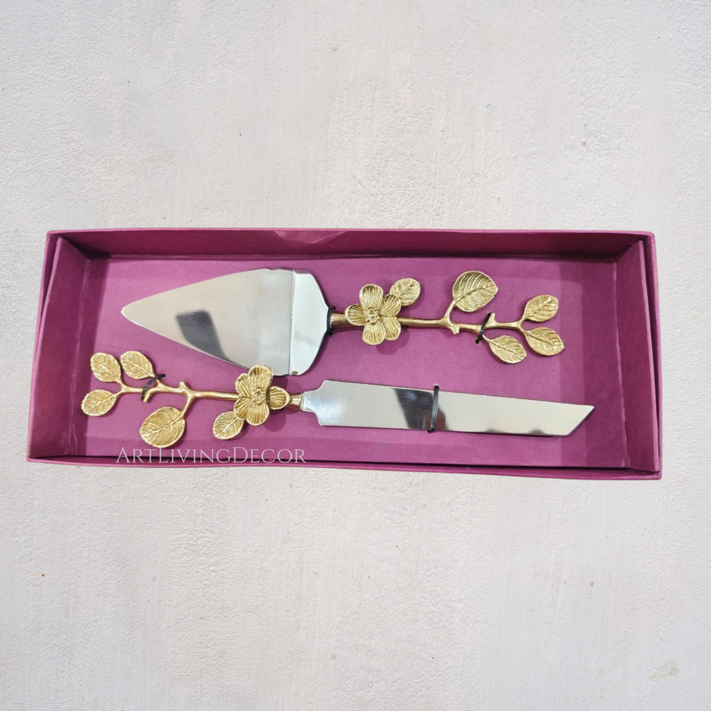 Cake Knife & Server with Floral Handles Set of 2