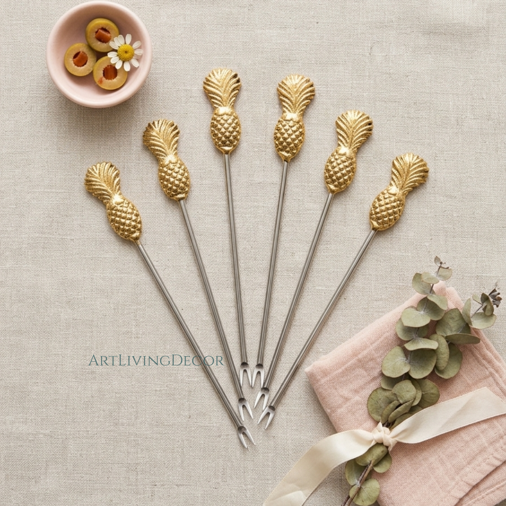 Set of 6 Gold Pineapple Cocktail Sticks Set