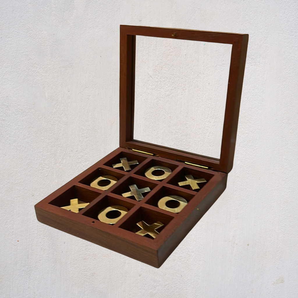 Wooden Tic Tac Toe Game with Mirror Lid Box: Decorative & Travel-Friendly