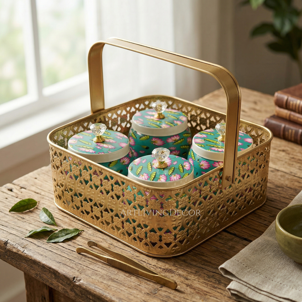 Regal Floral Metal Basket With 4 Jar's set